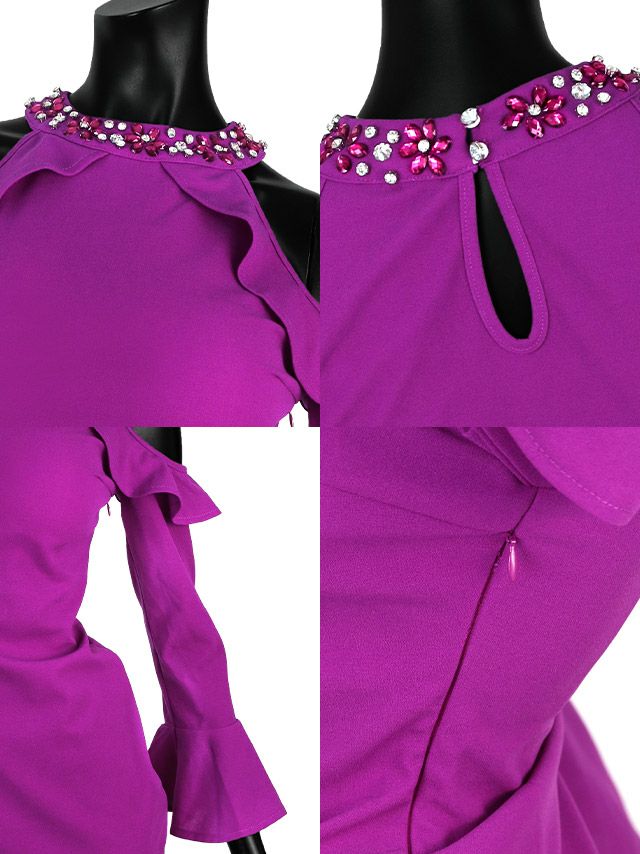 キャバドレス ミニドレス タイト セクシー シンプル 大きいサイズ Tika ティカ オープンショルダーベルスリーブハイネックビジュー長袖タイトミニドレス