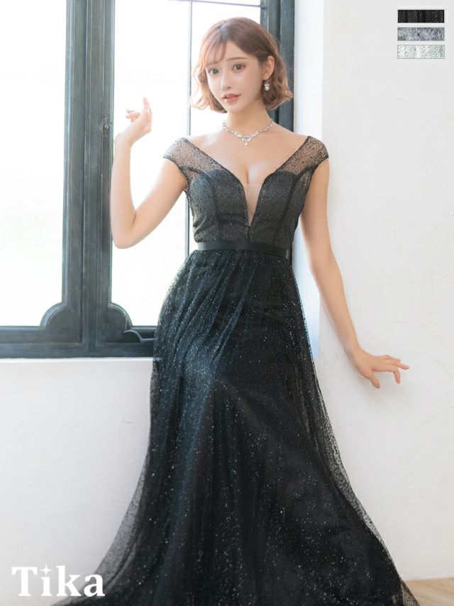 キャバドレス ロングドレス マキシ丈 ロング丈 フレア バースデー イベント Tika ティカ 谷間シースルーオールラメハイウエスト切替Aラインロングドレス