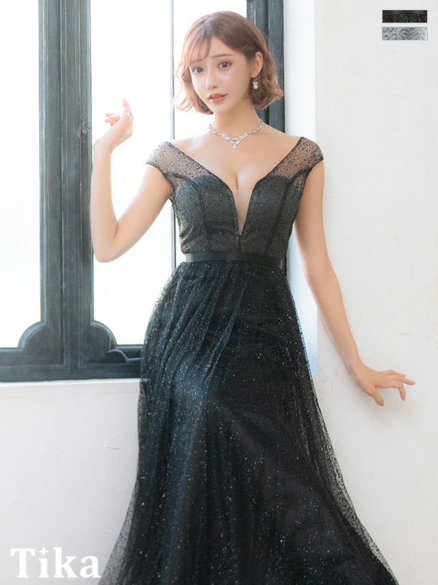 バストシースルー オールラメ ハイウエスト切替 谷間魅せ Aライン  