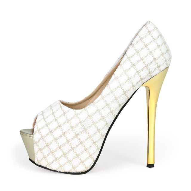 キャバヒール イメージ1 格子柄ツイードホワイトオープントゥパンプス