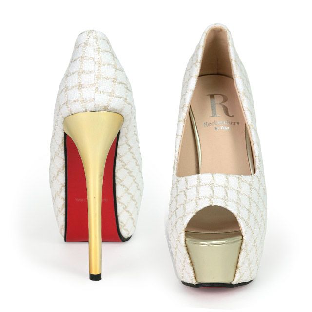 キャバヒール イメージ2 格子柄ツイードホワイトオープントゥパンプス