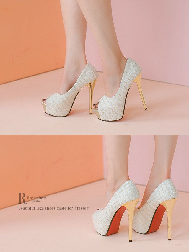 キャバヒール イメージ4 格子柄ツイードホワイトオープントゥパンプス