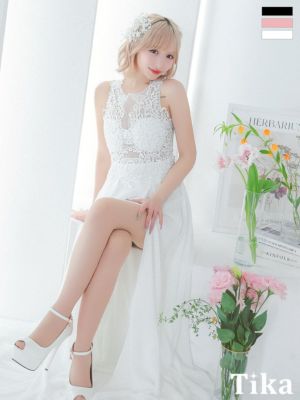 刺繍 ビジュー レース ノースリーブ 肌魅せ ハイウエスト切替 スリット Aラインロングドレス (Sサイズ～XLサイズ) (重川茉弥/キャバドレス着用)