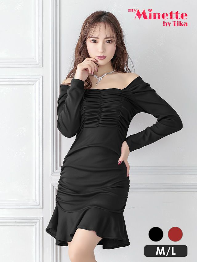 ギャザーオフショルダーデザイン裾フリルミニ長袖ドレス