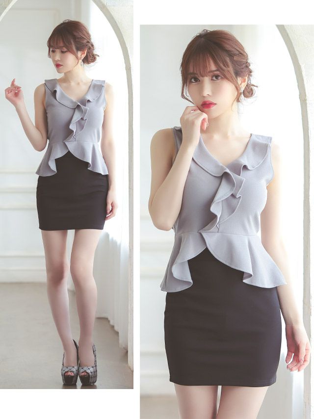 キャバドレス ミニドレス タイト 大きいサイズ セパレート Tika ティカ ノースリーブフリルぺプラムデザインタイトミニスカートセットアップドレス