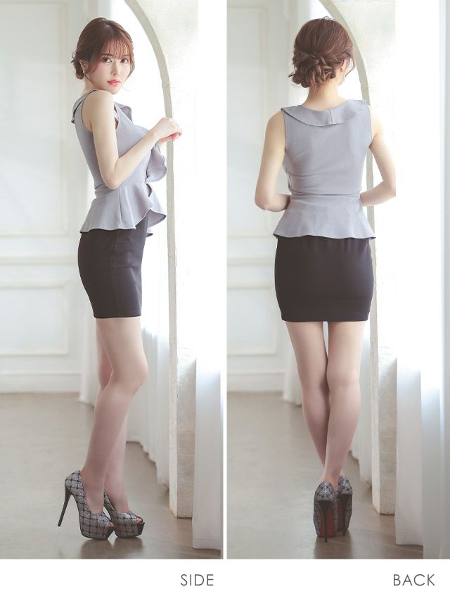 キャバドレス ミニドレス タイト 大きいサイズ セパレート Tika ティカ ノースリーブフリルぺプラムデザインタイトミニスカートセットアップドレス