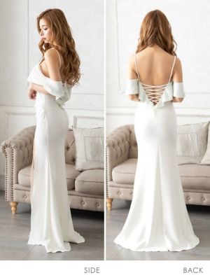 キャバドレス ロングドレス マキシ丈 セクシー 大きいサイズ Tika ティカ ビジュー付きオフショルダーバックスピンドルスリットジッパー袖ありタイトロングドレス