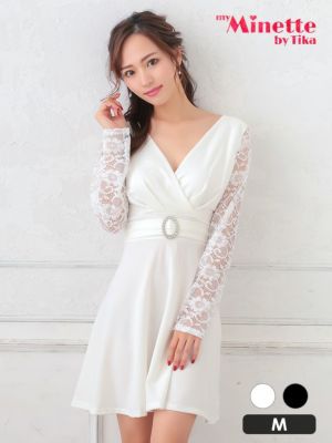 長袖 袖ありレースビジューリングハイウエスト切替フレアミニドレス (Mサイズ) (中尾みほ/キャバドレス着用) [myMinette/マイミネット]