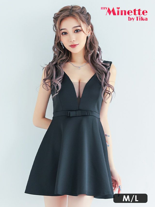 フロントシースルーハイウエスト切替フレアノースリーブミニドレス