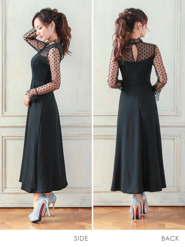 キャバドレス パーティードレス マキシ丈 フレア 激安 Tika ティカ myMinette ハイネックフリル長袖シアードット切り替えフレアロングドレス