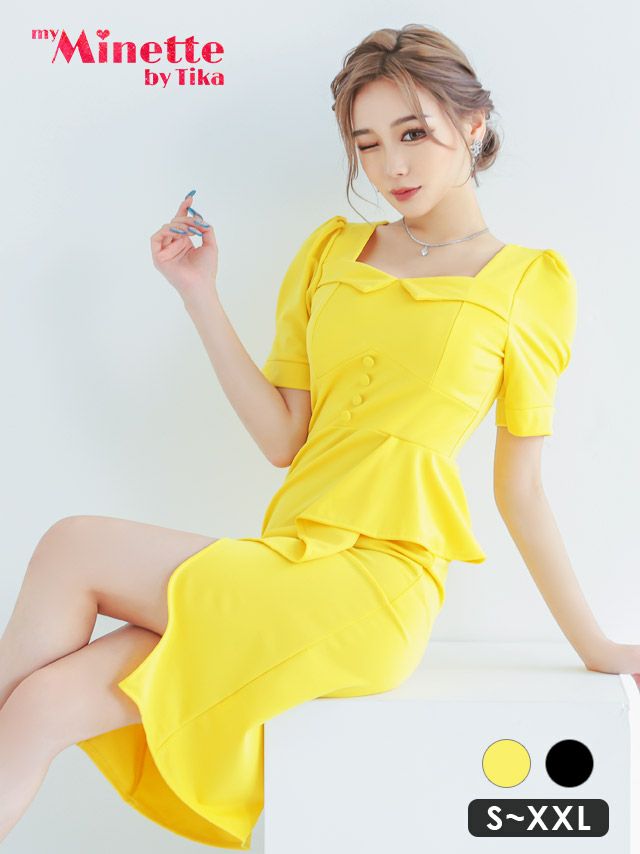 ペンタゴンネック半袖パフスリーブワンカラー膝丈フリルラップタイトプチプラドレス