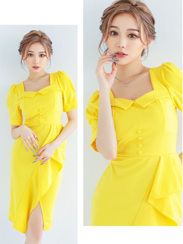 キャバドレス ミディアムドレス 大きいサイズ セクシー 激安 Tika ティカ myMinette ペンタゴンネック半袖ワンカラー膝丈フリルラップタイトドレス