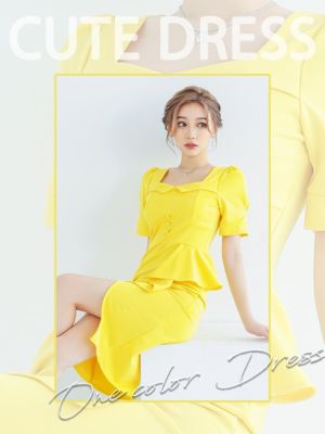 キャバドレス ミディアムドレス 大きいサイズ セクシー 激安 Tika ティカ myMinette ペンタゴンネック半袖ワンカラー膝丈フリルラップタイトドレス