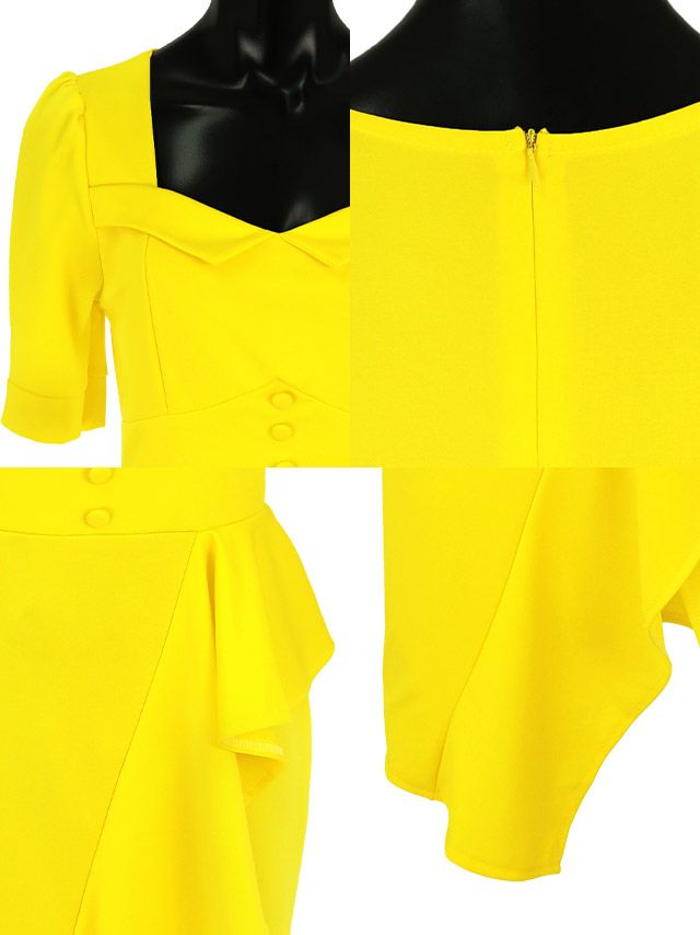 キャバドレス ミディアムドレス 大きいサイズ セクシー 激安 Tika ティカ myMinette ペンタゴンネック半袖ワンカラー膝丈フリルラップタイトドレス