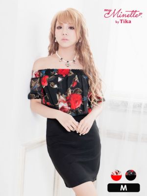 オフショルダーフラワータイトミニドレス (M...