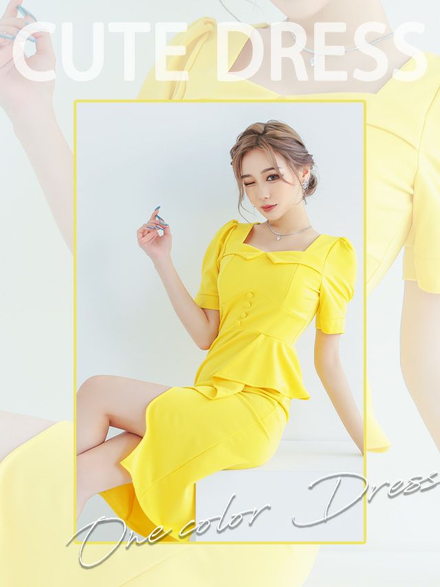 キャバドレス タイト 大きいサイズ 激安 シンプル ミディアムドレス Tika ティカ myMinette 半袖パフスリーブワンカラー膝丈ラップフリルタイトドレス