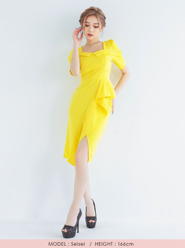 キャバドレス タイト 大きいサイズ 激安 シンプル ミディアムドレス Tika ティカ myMinette 半袖パフスリーブワンカラー膝丈ラップフリルタイトドレス