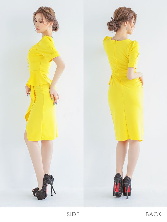 キャバドレス タイト 大きいサイズ 激安 シンプル ミディアムドレス Tika ティカ myMinette 半袖パフスリーブワンカラー膝丈ラップフリルタイトドレス