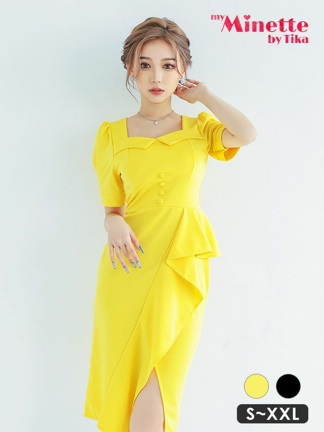 キャバドレス タイト 大きいサイズ 激安 シンプル ミディアムドレス Tika ティカ myMinette 半袖パフスリーブワンカラー膝丈ラップフリルタイトドレス