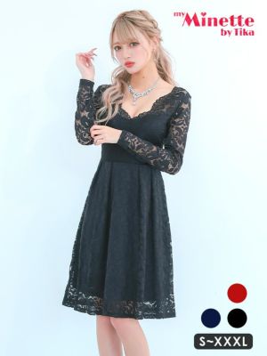 [SALE] 総レース長袖 袖ありハイウエスト切替フレア膝丈プチプラドレス (Sサイズ～XXXLサイズ) (林姫奈妙/キャバドレス着用) [myMinette/マイミネット]