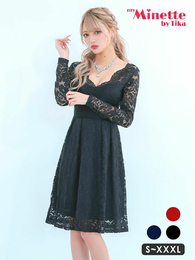 総レース長袖ハイウエスト切替フレア膝丈プチプラドレス