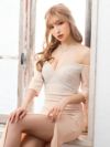 キャバドレス ロングドレス タイト 大きいサイズ セクシー Tika ティカ ワンカラービジューデザイン袖ありオフショルタイトスリットロングドレス