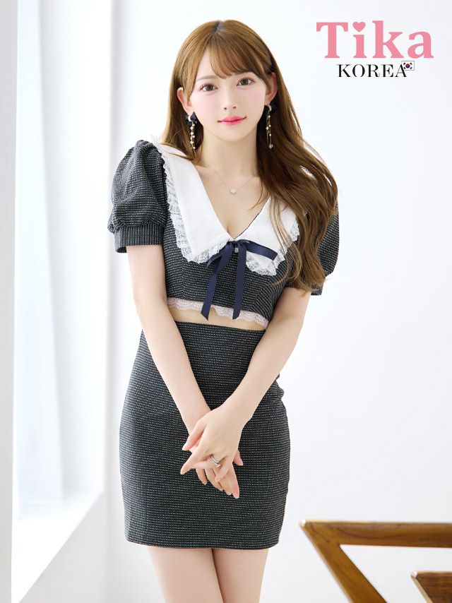 キャバドレス 韓国ドレス ミニドレス タイト セクシー 大きいサイズ LaLaTulle ララチュール フリルレース付きカラーリボン半袖パフスリーブモノトーンガーリミニドレス