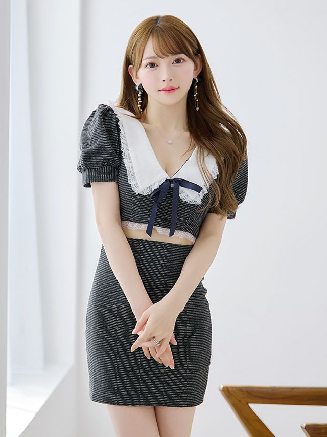 キャバドレス 韓国ドレス ミニドレス タイト セクシー 大きいサイズ LaLaTulle ララチュール フリルレース付きカラーリボン半袖パフスリーブモノトーンガーリミニドレス