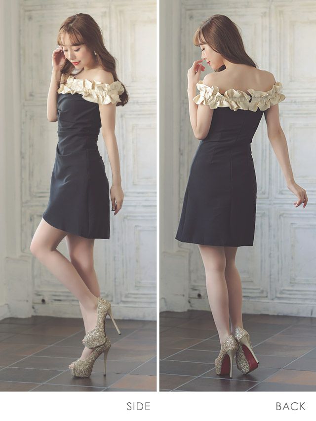 キャバドレス ミニドレス オフショルダー 大きいサイズ Aライン Tika ティカ オフショルエレガントフリルフレアラップミニドレス