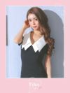 キャバドレス 韓国ドレス ミディアムドレス タイト 袖あり LaLaTulle ララチュール 襟付き半袖パフスリーブマーメイド膝丈ドレス