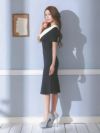 キャバドレス 韓国ドレス ミディアムドレス タイト 袖あり LaLaTulle ララチュール 襟付き半袖パフスリーブマーメイド膝丈ドレス