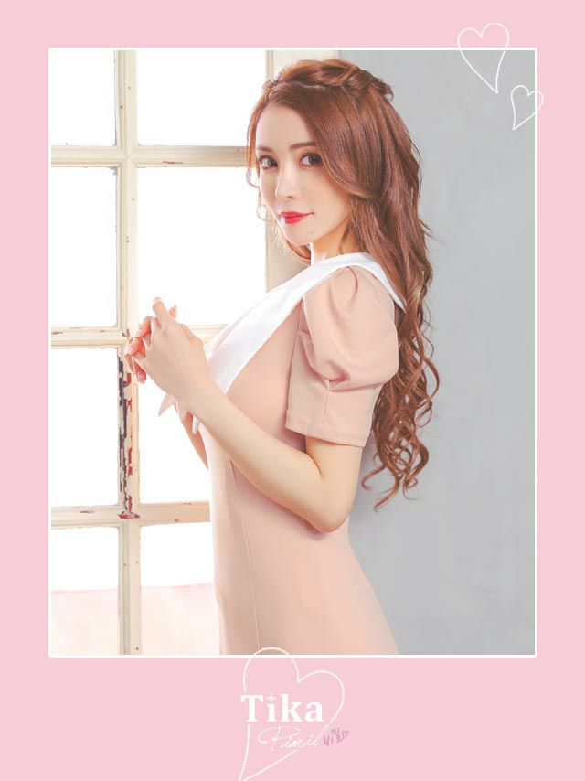 キャバドレス 韓国ドレス ミディアムドレス タイト 袖あり LaLaTulle ララチュール 襟付き半袖パフスリーブマーメイド膝丈ドレス