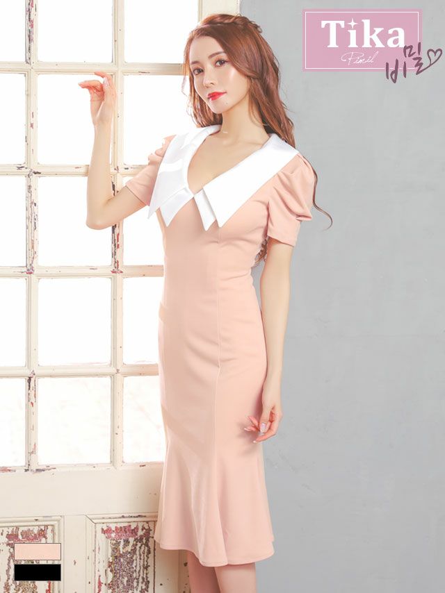 キャバドレス ミディアムドレス 韓国ドレス タイト 大きいサイズ LaLaTulle ララチュール ビッグカラー半袖パフスリーブマーメイドエレガント膝丈ドレス