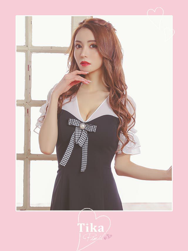 キャバドレス 韓国ドレス ミニドレス Aライン 大きいサイズ LaLaTulle ララチュール 半袖シフォン切り替え千鳥柄パールリボンモノトーンガーリーフレアミニドレス