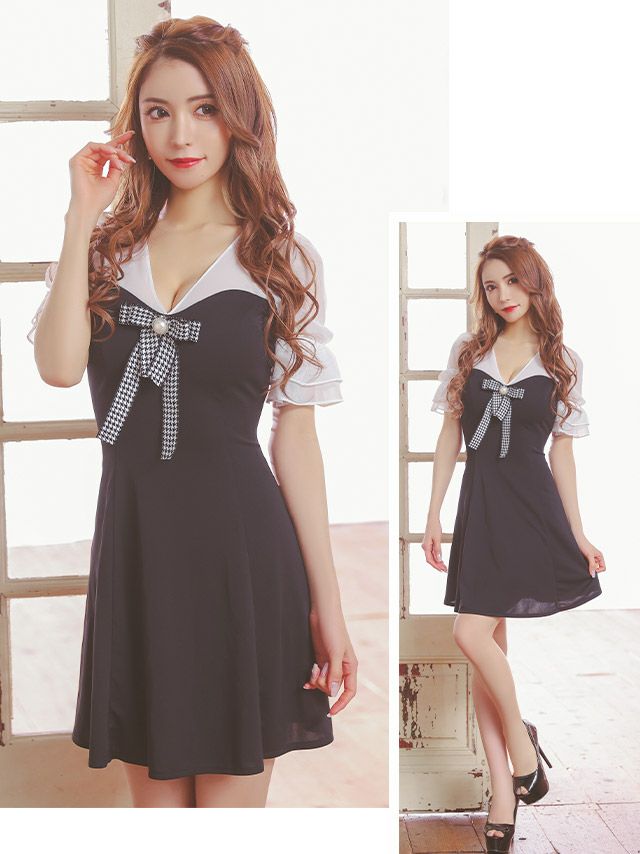 キャバドレス 韓国ドレス ミニドレス Aライン 大きいサイズ LaLaTulle ララチュール 半袖シフォン切り替え千鳥柄パールリボンモノトーンガーリーフレアミニドレス