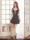 キャバドレス 韓国ドレス ミニドレス Aライン 大きいサイズ LaLaTulle ララチュール 半袖シフォン切り替え千鳥柄パールリボンモノトーンガーリーフレアミニドレス