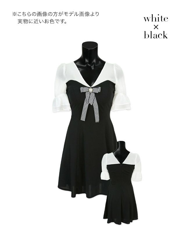 キャバドレス 韓国ドレス ミニドレス Aライン 大きいサイズ LaLaTulle ララチュール 半袖シフォン切り替え千鳥柄パールリボンモノトーンガーリーフレアミニドレス