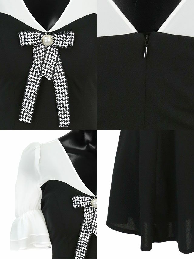 キャバドレス 韓国ドレス ミニドレス Aライン 大きいサイズ LaLaTulle ララチュール 半袖シフォン切り替え千鳥柄パールリボンモノトーンガーリーフレアミニドレス