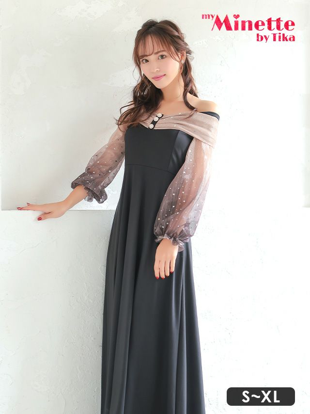 肩あきドット長袖プチプラAラインロングドレス