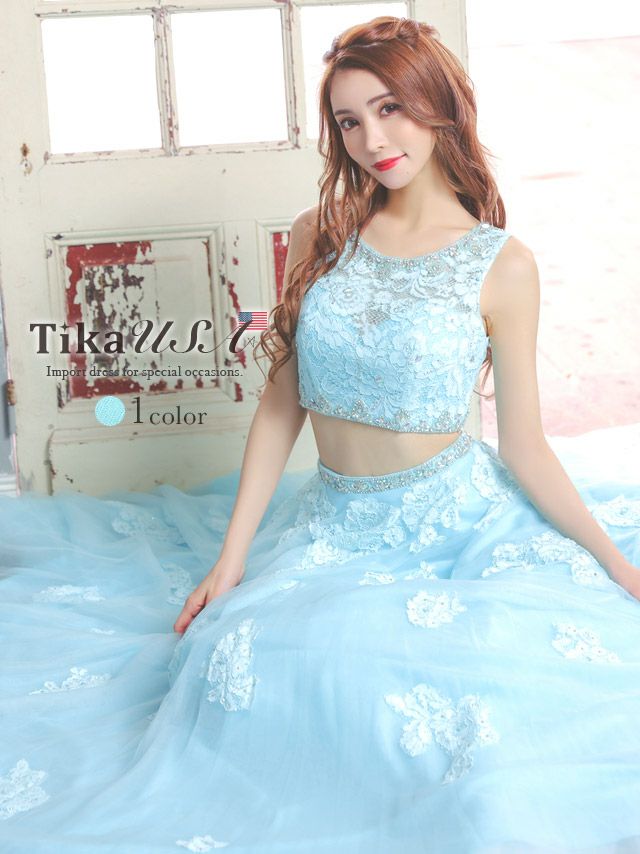 LA直輸入 セットアップレースフラワーノースリーブビジュートップス×チュールロングバースデードレス (XSサイズ～Mサイズ) (一条響 キャバドレス着用)