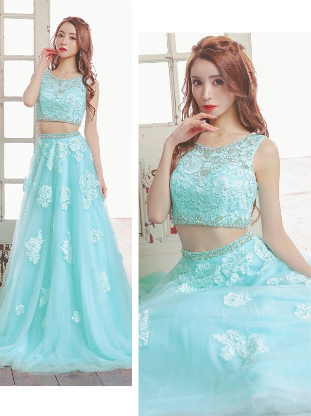 キャバドレス ロングドレス Aライン マキシ丈 インポート Tika ティカ レースフラワービジュートップス×Aラインロングチュールスカートセットアップドレス