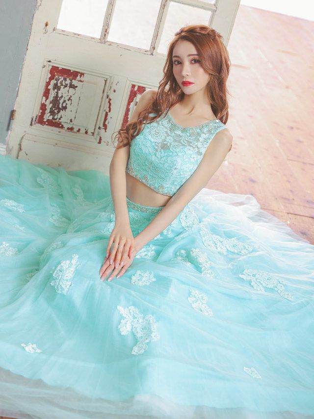 キャバドレス ロングドレス Aライン マキシ丈 インポート Tika ティカ レースフラワービジュートップス×Aラインロングチュールスカートセットアップドレス