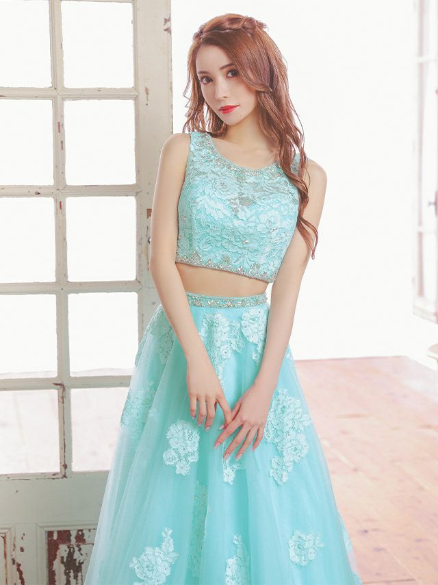 キャバドレス ロングドレス Aライン マキシ丈 インポート Tika ティカ レースフラワービジュートップス×Aラインロングチュールスカートセットアップドレス