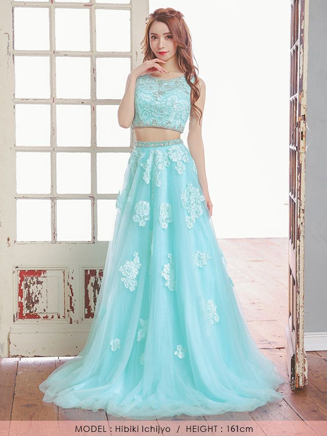 キャバドレス ロングドレス Aライン マキシ丈 インポート Tika ティカ レースフラワービジュートップス×Aラインロングチュールスカートセットアップドレス