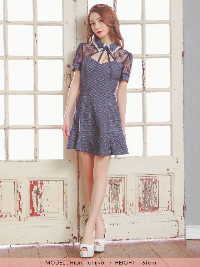 キャバドレス ミニドレス Aライン 大きいサイズ 袖あり 韓国ドレス Tika ティカ 襟付きリボンデコルテフラワーレース半袖切り替えフレアミニドレス