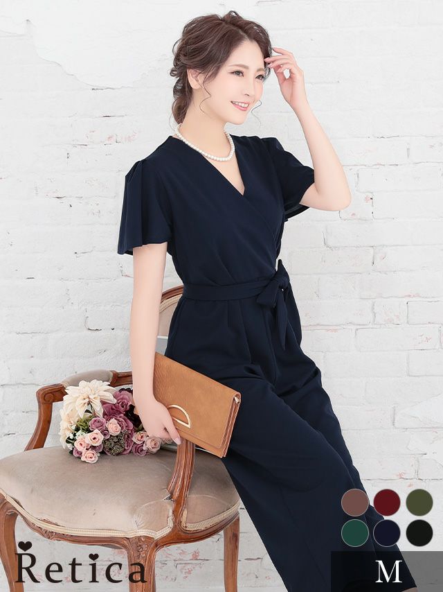 カジュアルワンカラーウエストリボンスタイルアップカシュクールネックパンツショートスリーブ結婚式パーティードレス