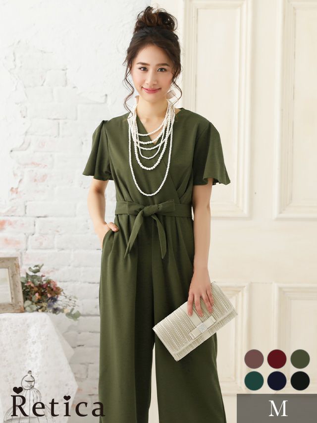 カシュクールネックワイドパンツスタイルアップカジュアルウエストリボンパンツショートスリーブ結婚式パーティードレス