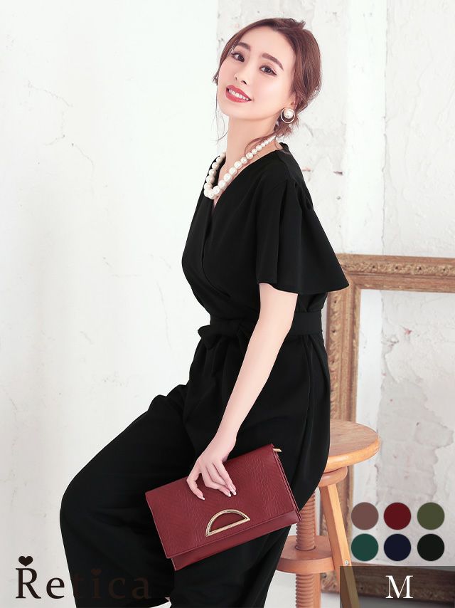 スタイルアップカジュアルカシュクールネックワンカラーウエストリボンアンクル丈パンツショートスリーブ結婚式パーティードレス