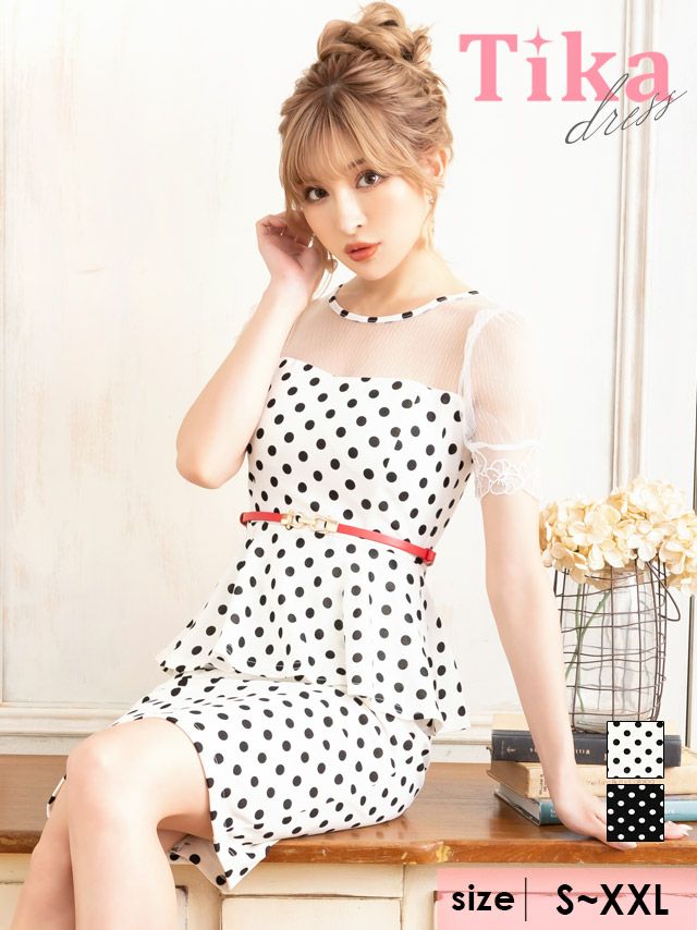 キャバドレス ミディアムドレス タイト セクシー 袖あり 大きいサイズ Tika ティカ ウエストベルト付き半袖シアー切り替えドット柄膝丈ペプラムドレス