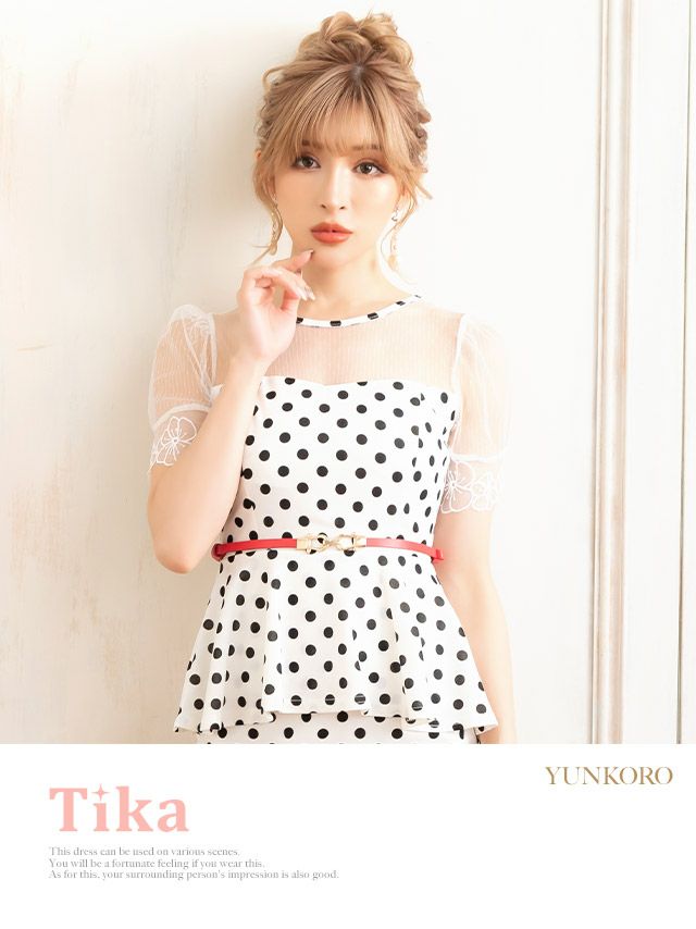 キャバドレス ミディアムドレス タイト セクシー 袖あり 大きいサイズ Tika ティカ ウエストベルト付き半袖シアー切り替えドット柄膝丈ペプラムドレス
